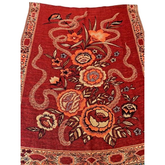 Vintage Asian Theme Large Reversible Fringed Orange Gold Brown Art Scarf Shawl - Picture 4 of 8